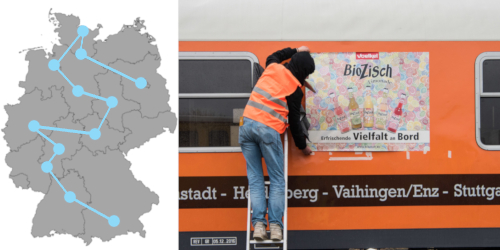 Image collage of a map of Germany and advertising.